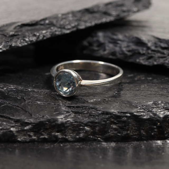 Sterling Silver 925 Minimalist Modern Design Band Round Cut Vivid Blue Topaz Gemstone Birthstone Ring Size N - 6 1/2