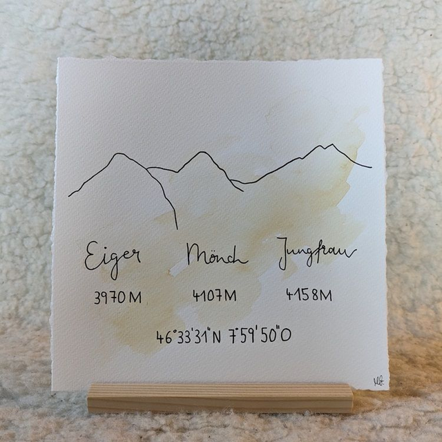 Original Aquarell - Line Art Eiger, Mönch, Jungfrau