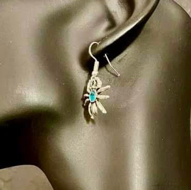 Blue spider earrings on silver plated ear hooks 
