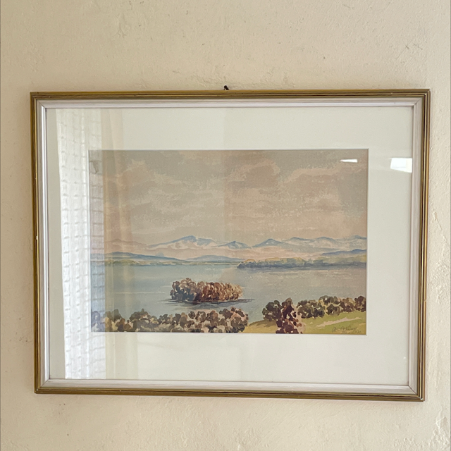 Kunstwerk Aquarelle Zeichnung Wasser und Berge 