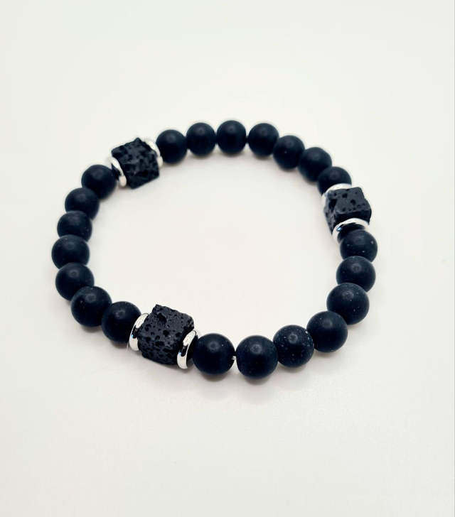 Bracelet unisexe en onyx mat, cubes en lave noir et rondelles (or ou argent)
