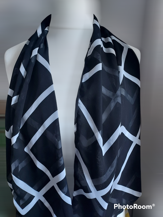 Handmade Black Chiffon scarf, with White Square Print, scarf, wrap, shawl, Mothers Day Gift, Letter Box