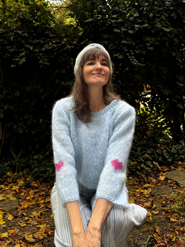 Pull mohair ciel coeurs roses TU 36 à 40