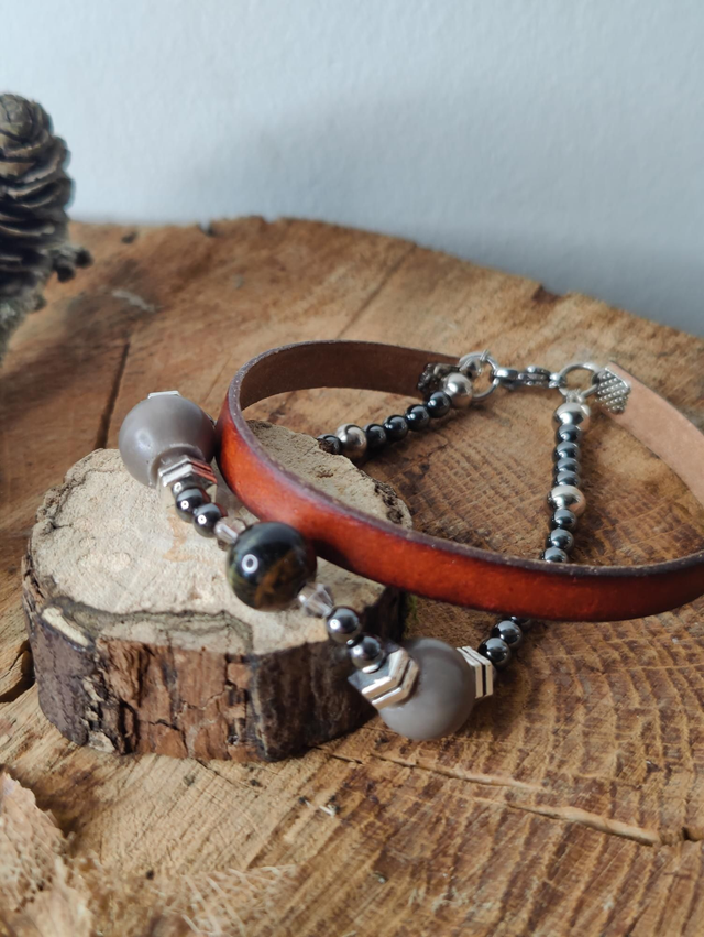 Bracelet homme double cuir, oeil de tigre, hématites et perle grises