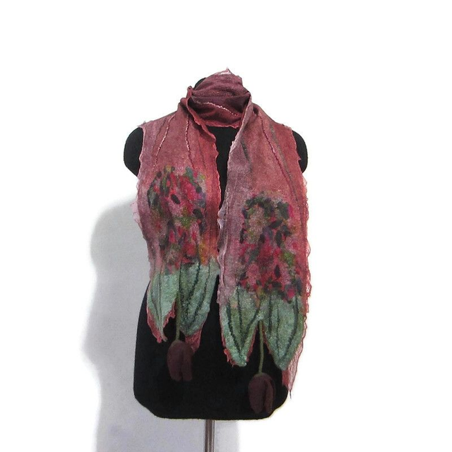 Sciarpa feltro di lana seta Sciarpa Borgogna lunga calda con fiori tulipani infeltrimento fatta a mano