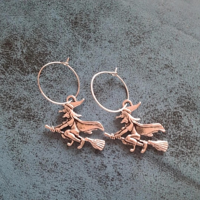 Earrings Large Flying Witch Broomstick Hoops