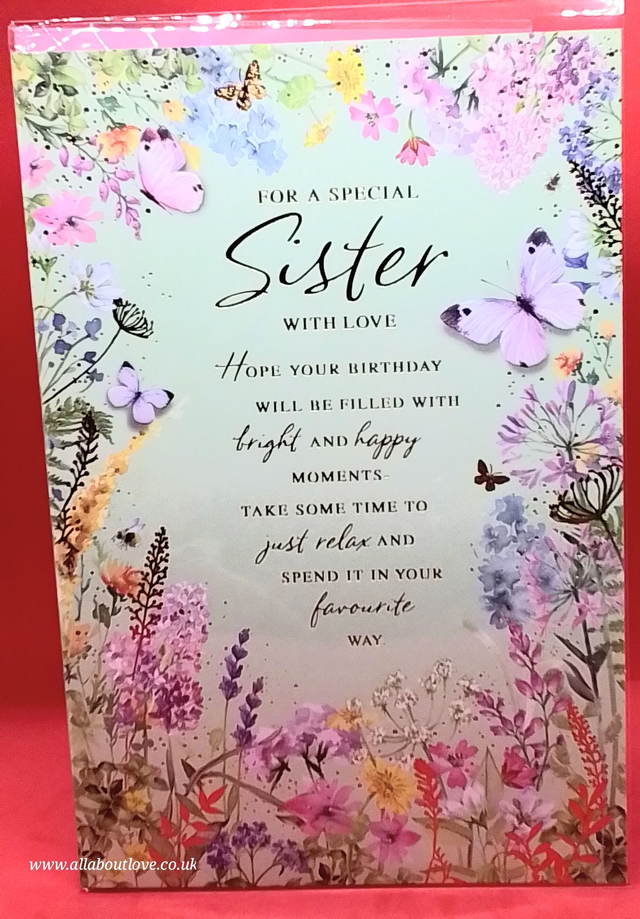 Sister Birthday Card  Floral Design with Butterfly.