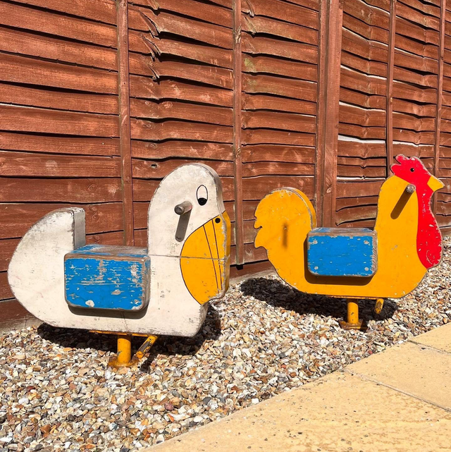 A Hand Painted Pelican & Hen Salvaged From A Funfair Ride