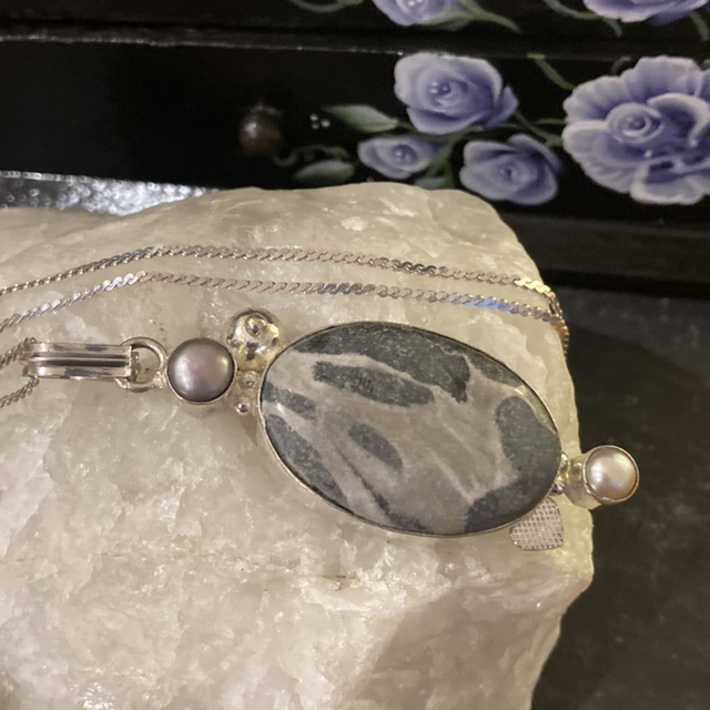 Sterling Silver Necklace with Large Grey Jasper and Pearl Pendant 