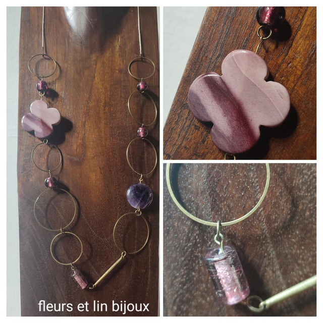 Sautoir améthyste et fleur en agate aux reflets violine, bronze et verre, monté sur fil de lin réglable , pièce unique 