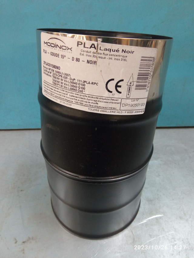 PLA - Élément coude 15° avec collier NOIR D80 - 2PLACO1580NO 