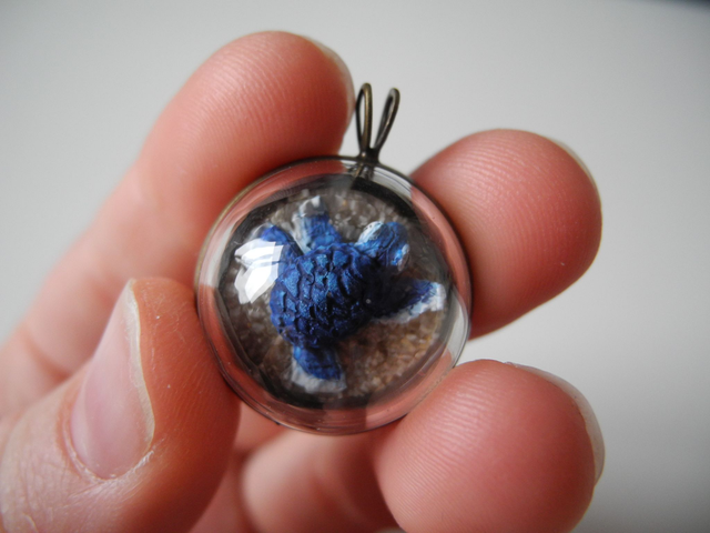 Blue Sea Turtle - OOAK Biosphere Brass Pendant - Clear glass dome with a delicate handmade blue turtle inside – beach jewelry - sea inspired