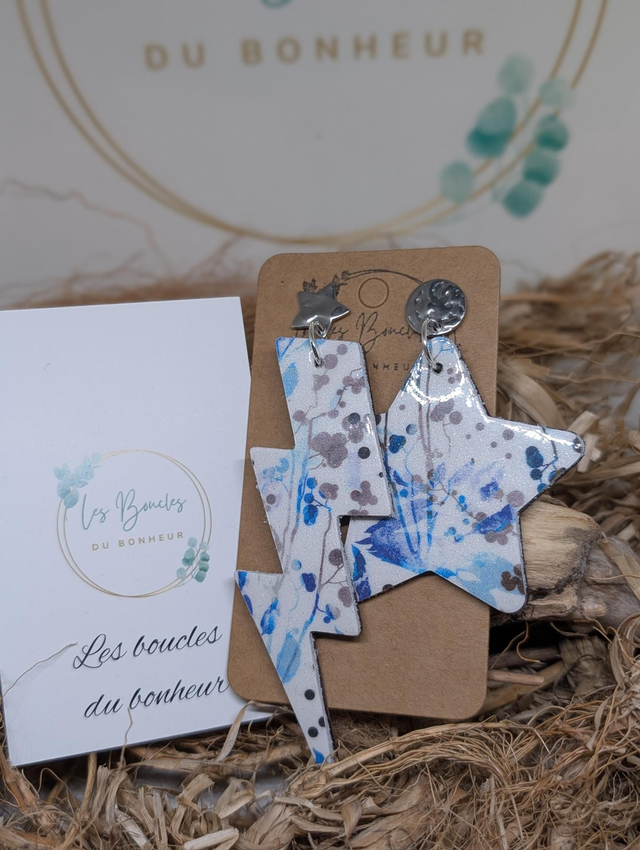 Boucles d'oreilles Asymétrique fleurie bleu vernis nc032