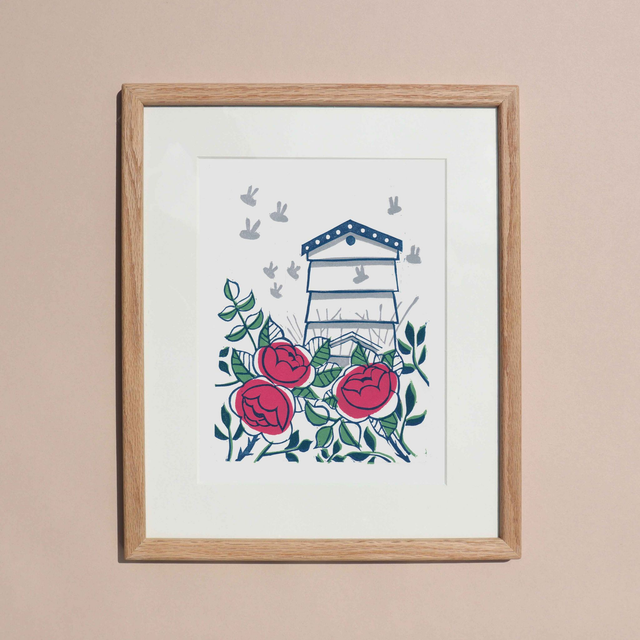 Roses & Bees Linocut Print - framed