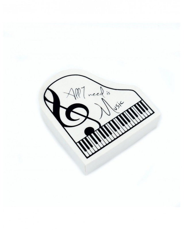 Gomme noire et blanche, motif + forme piano avec inscription "All I need is Music"