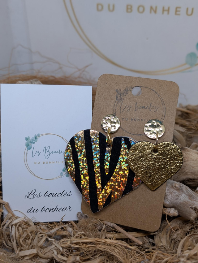 Boucles d&#039;oreilles Asymétrique Coeur ❤️ zèbre doré c2031