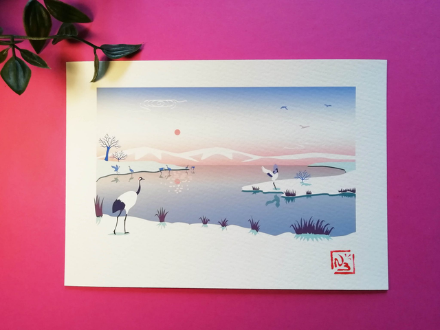 Fine Art A5 et A4 / Hiver - Grues japonaises à Hokkaïdo