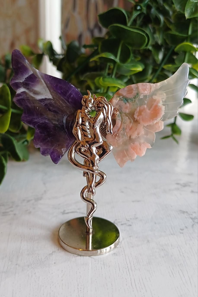 Amethyst &amp; Flower Agate Angel and Demon Lover Wings on stand