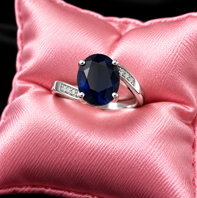 925 Sterling Silver / Sapphire &amp; White Zircon Crosover Ring