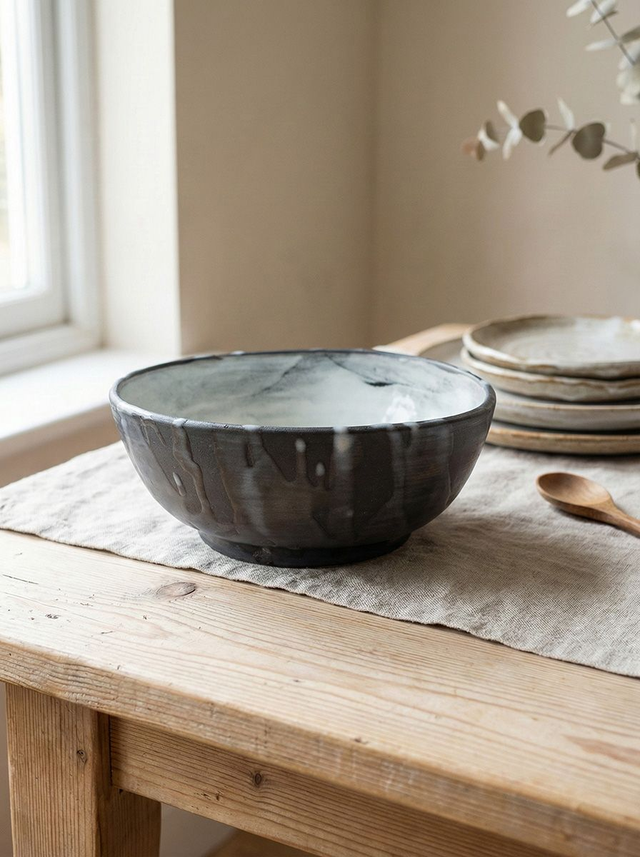 Wide Black &amp; White Dripping Medium Bowl