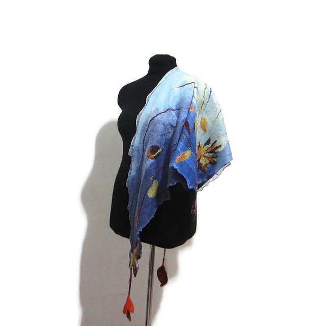 Scialle lana merino seta feltro fatto a mano bactus infeltrimento blu