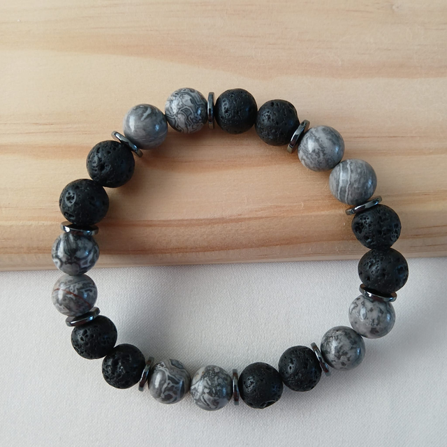 Heren armband Crazy Agaat &amp; Lavasteen met Hematiet spacers – elastisch, polsomtrek 18 cm (2.070)