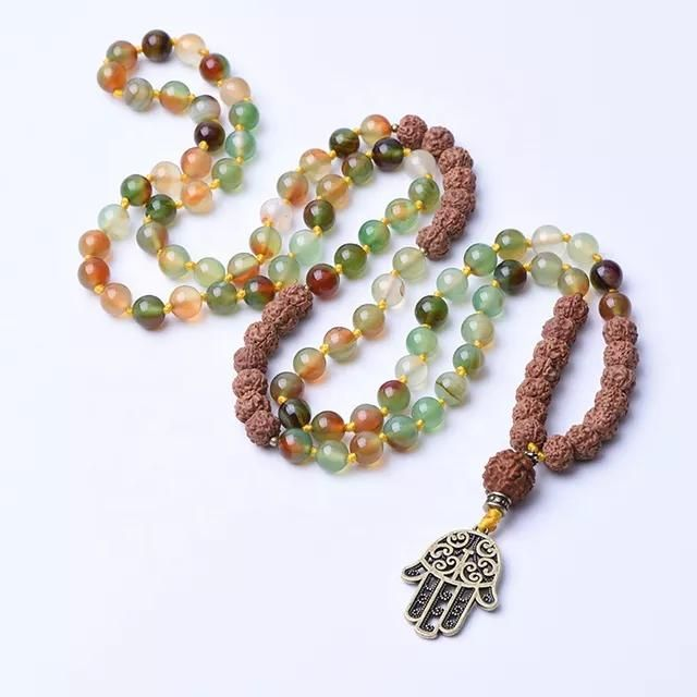 108 Kralen Mala Ketting Rudraksha En Edelsteen Met Hamsa Hand