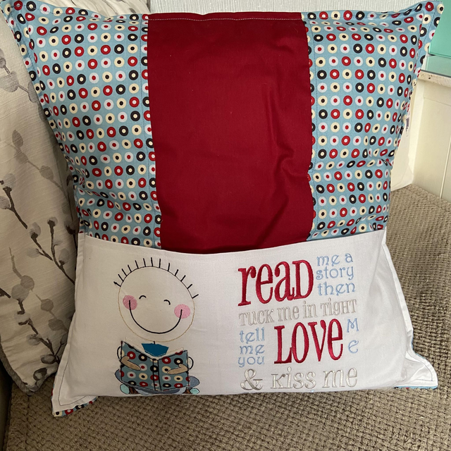 Cute Boy Reading Book Cushion with embroidered pocket
