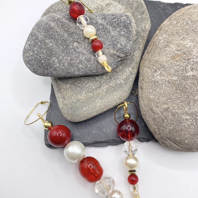 UPCYCLED Icicles x 3 Christmas Decoration Set Red, Clear, Cream and Gold tone vintage beads