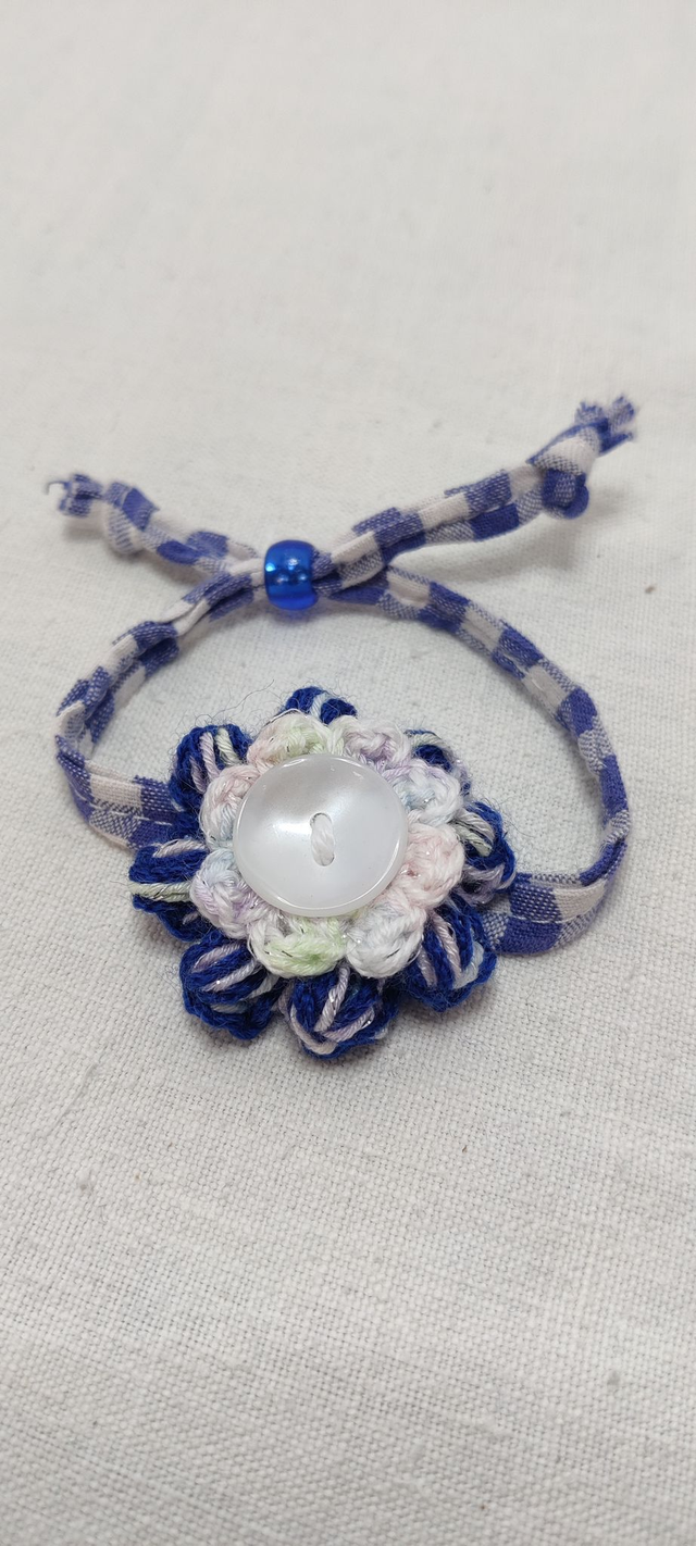 Bracelet Vichy Bleu Marine Bouton Coquille Blanc Nacré