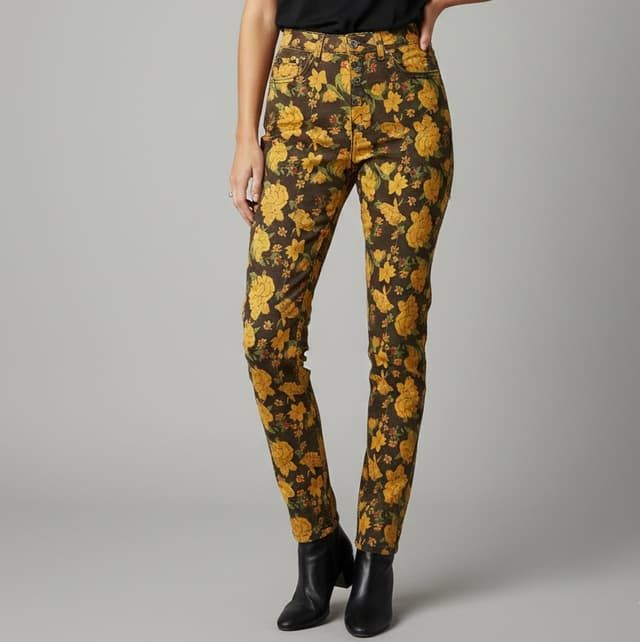 Jean Place du Jour Slim Imprimé Floral Jaune et Moutarde – Pantalon Stretch Femme