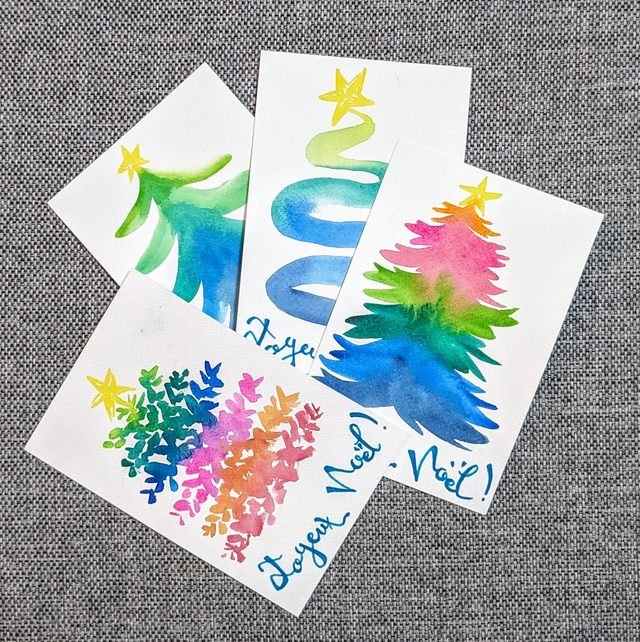 Carte aquarelle Sapins colorés Joyeux Noël