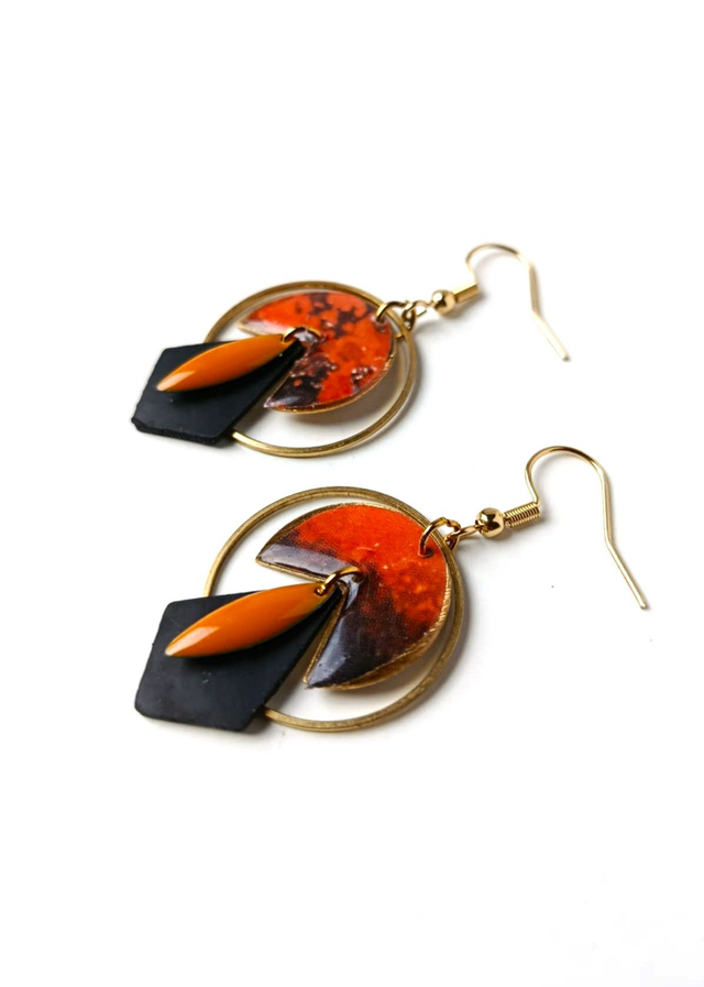 Boucles d&#039;oreilles Upcyclées en Chambre à Air et Papier Recyclés - Fontaine de Lave