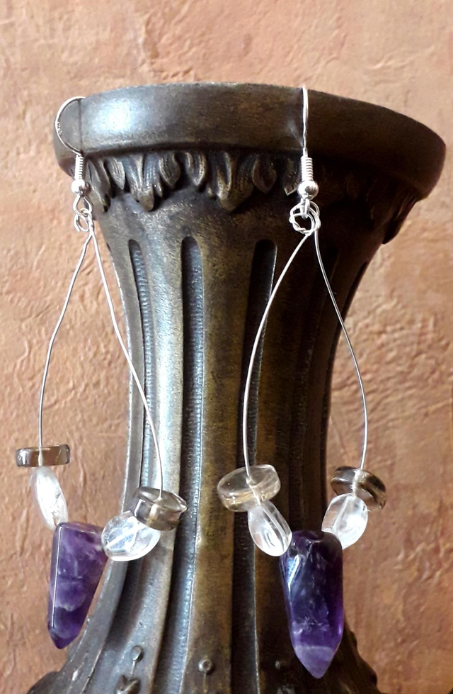 Boucles d'oreilles améthyste, quartz fumé, cristal de roche, argent.