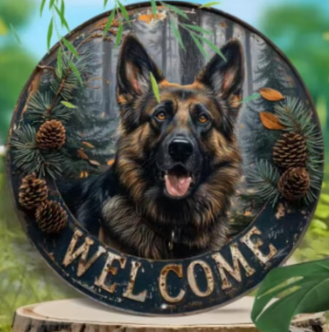 Vintage rond metalen bord Duitse Herder Welcome (20cm)