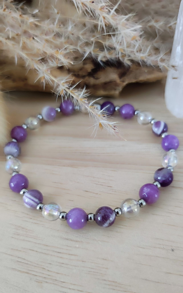 Bracelet "Apaise les pensées négatives" Lépidolite et Améthyste chevron