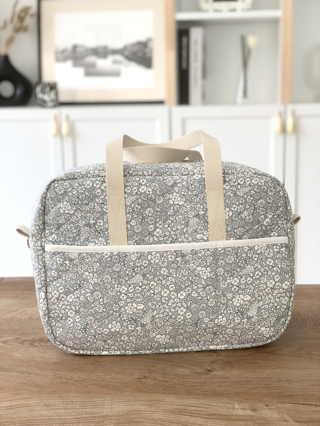 Sac à langer Gris bleu fleurs blanches