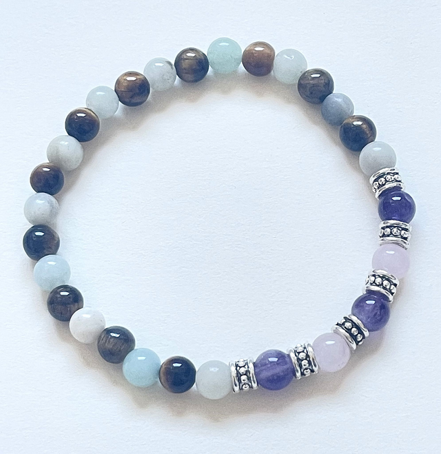 B51- Bracelet amazonite, oeil de tigre, quartz, améthyste et métal