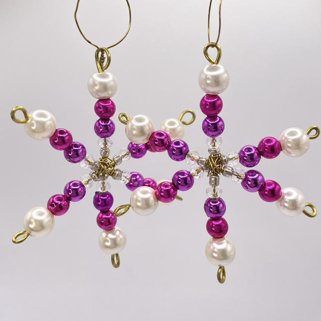 UPCYCLED Snowflake Star Mini Christmas Decorations x 2 Pink, Cream and Gold tone vintage beads