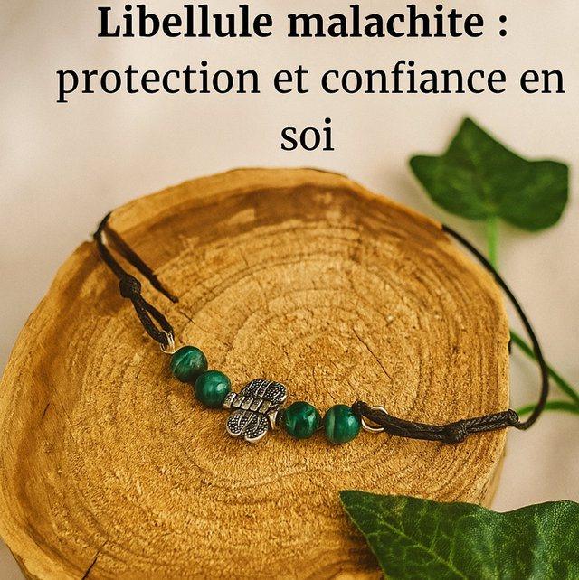 Bracelet réglable libellule en malachite 
