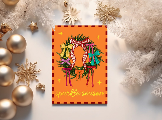 Sparkle Season Bows Wreath Gold Foil Christmas Card