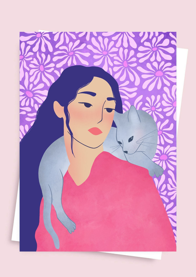 Carte chat et fleurs