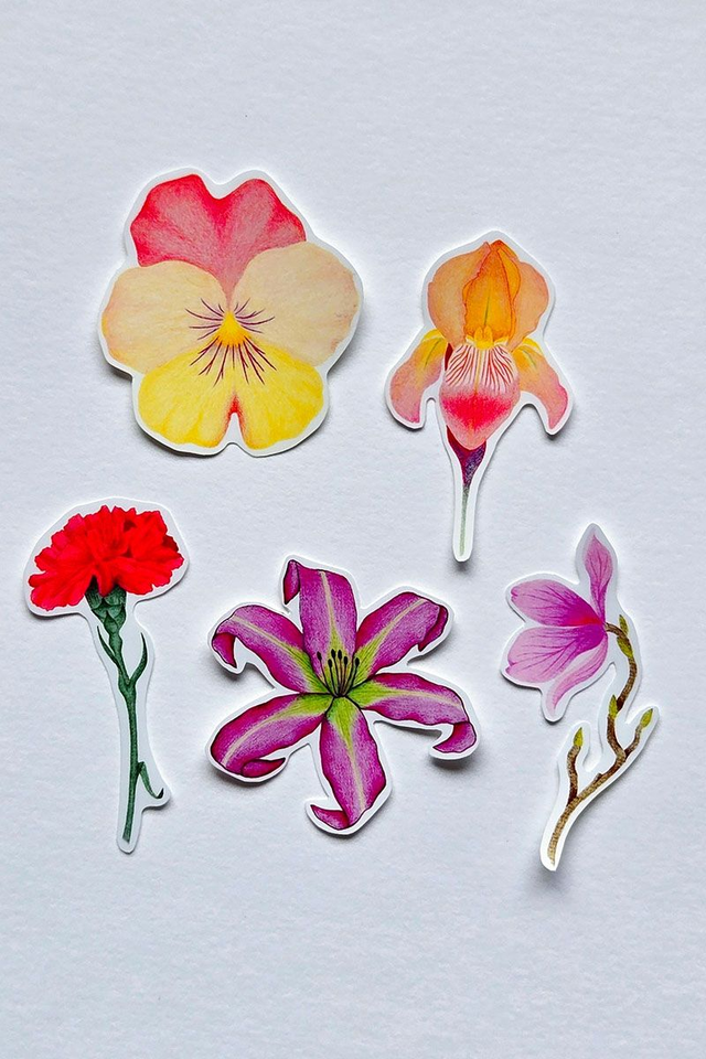 Lot de 5 stickers fleuris – autocollants floraux faits main en vinyle