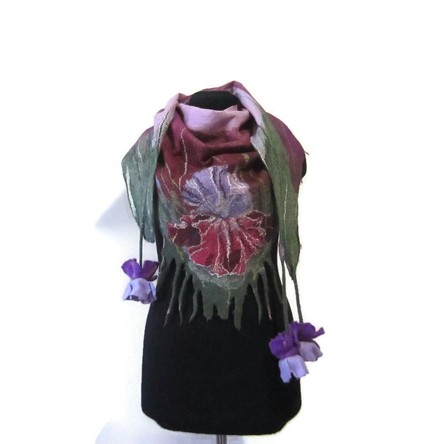 Sciarpa feltro lana merino Scialle fatto a mano infeltrimento fiori sciarpa per donna Eco fashion Regalo unico per donna