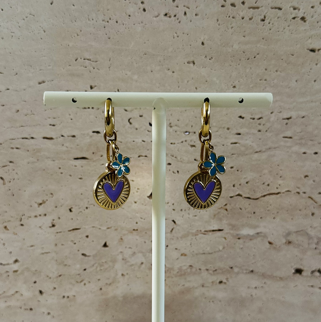 Oorbellen hartje paars en blauw bloemetje