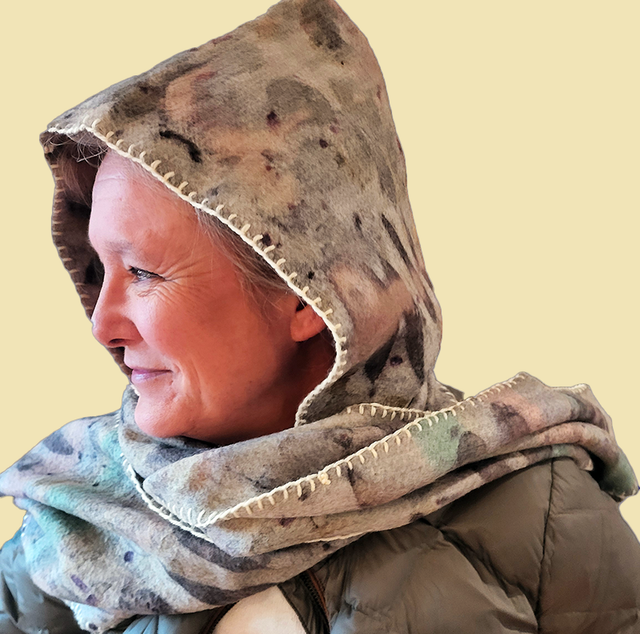 Wool Scoodie - eco-printed with eucalyptus leaves, onion skin and madder root