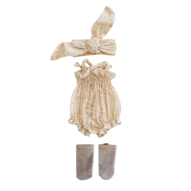 Grenouillère beige fleurs jaunes + bandeau et chaussettes