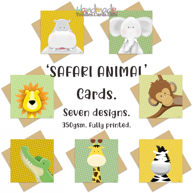Safari Animals. Fully Printed Cards. 14.5cm square. Lion. Hippo. Giraffe. Chimp. Crocodile. Elephant. Zebra. Blank inside. Kraft envelope.