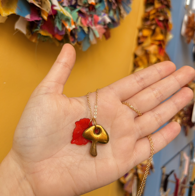Gold Mushroom and Red Leaf Necklace