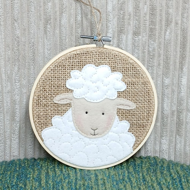 Farmyard Range, hoop art. Sheep design. Made with wool felt, hand-sewn onto hessian Wall art.